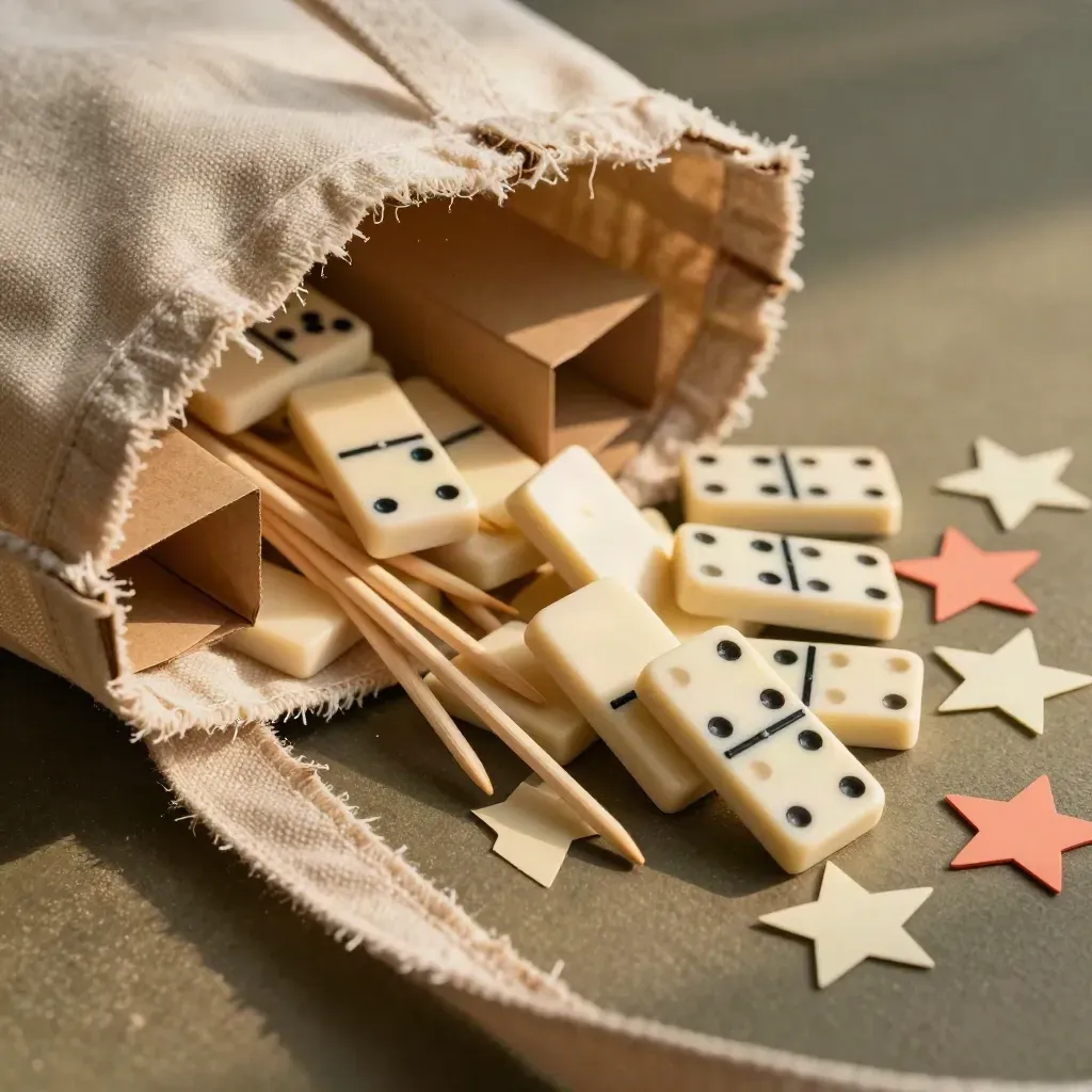 Canvas tote with craft sticks, dominoes, snack boxes and paper stars on textured neutral surface.