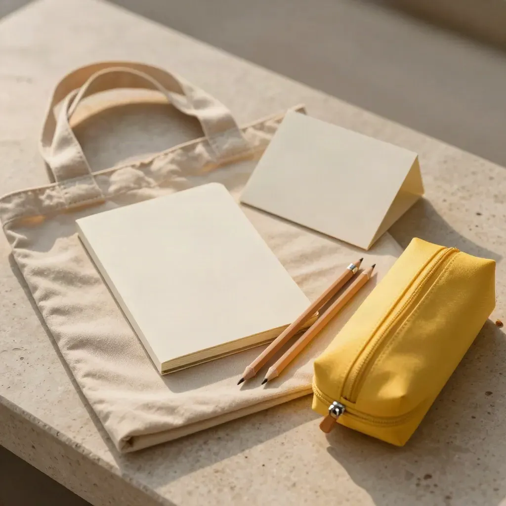 After-school tutor pack on travertine: tote, notebook, face-down cards, pencils, and yellow pencil case.