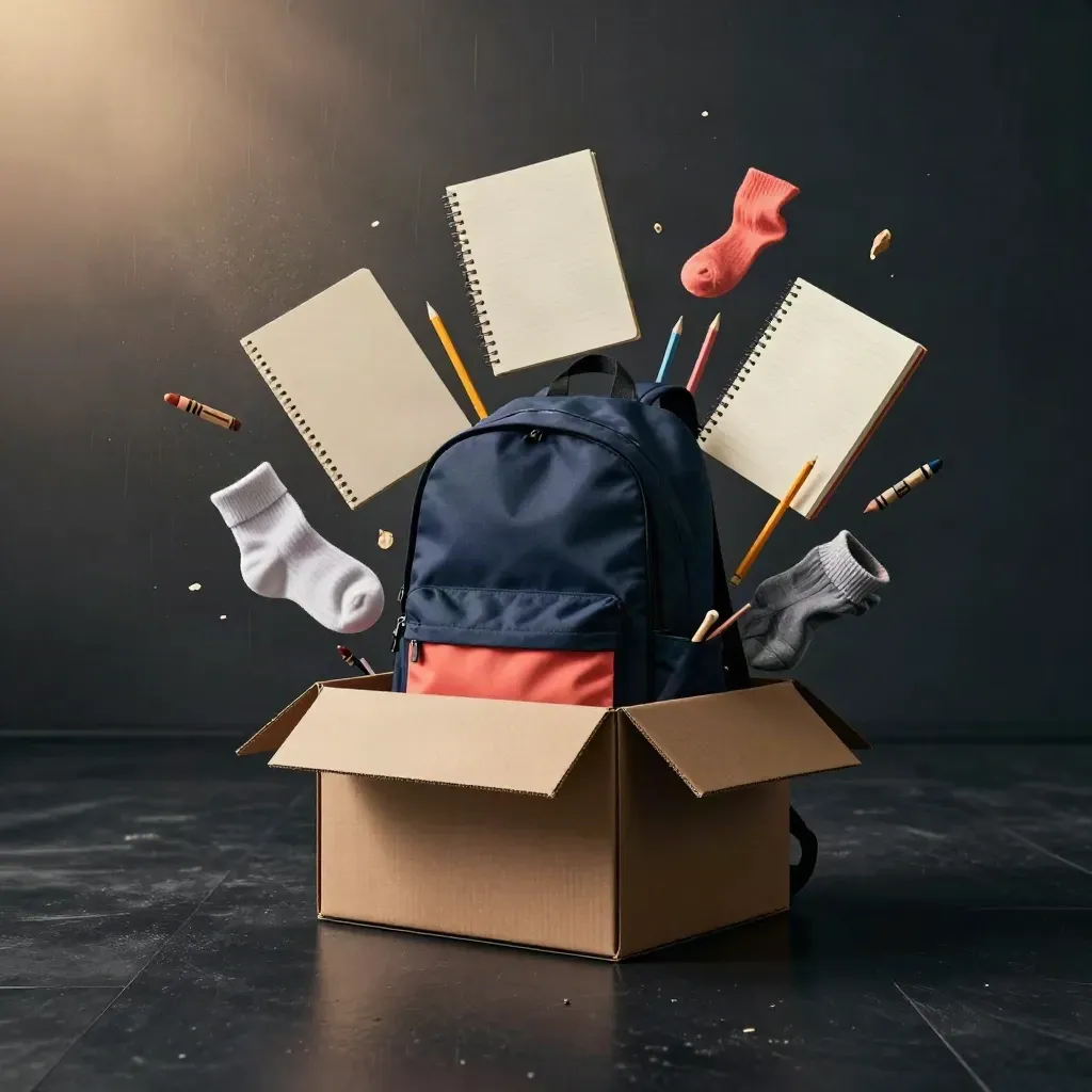 Backpack drive gift box bursting open with school supplies on a dark studio floor.