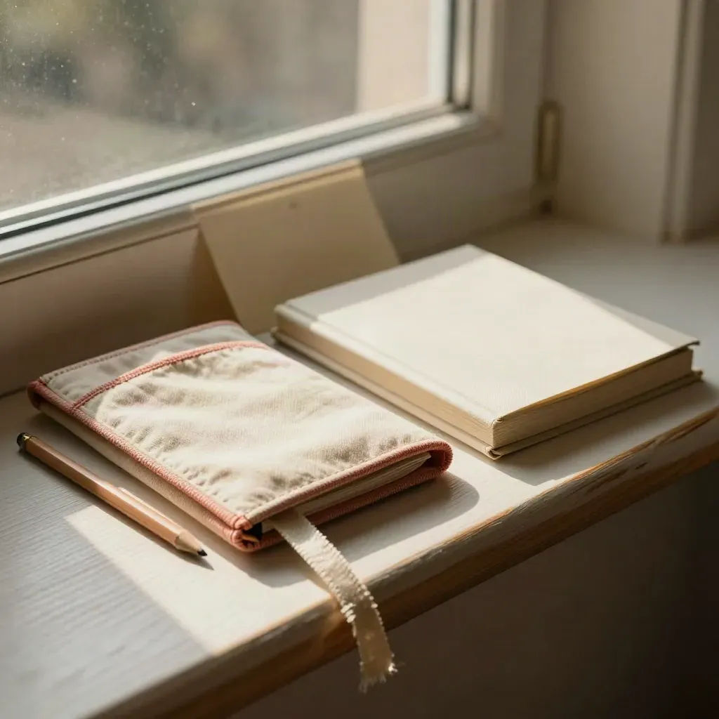 Reading kit with cloth sleeve, picture book, bookmark and pencil on a sunlit window ledge.