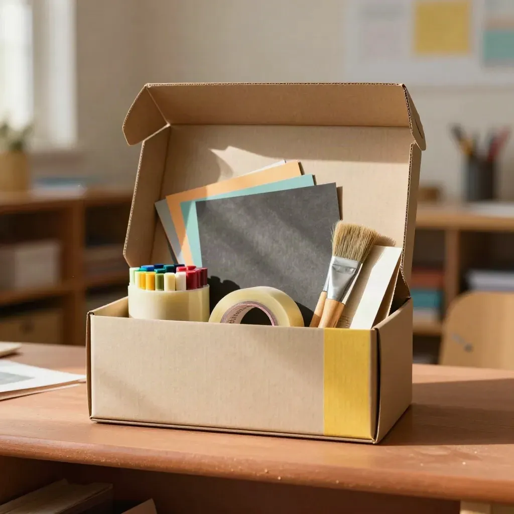 Open craft box with paint sticks, paper, tape and brushes on a terracotta shelf