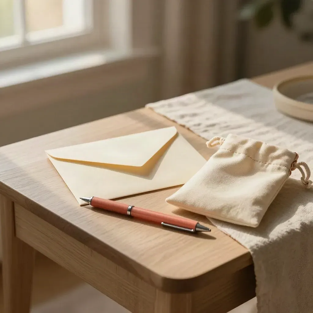 Support card, envelope, pen, note sheet and care pouch on a cozy tabletop in warm window light.