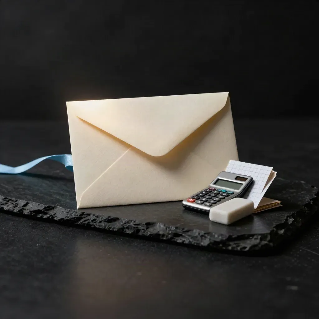Scholarship gift card sleeve, envelope, and study supplies on dark stone with blue ribbon.