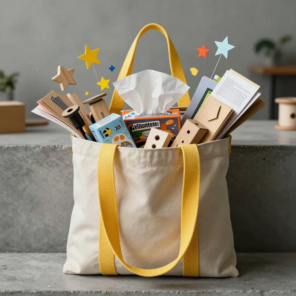 Open volunteer day tote with craft supplies, snack boxes, and game pieces on cool concrete, softly lit.