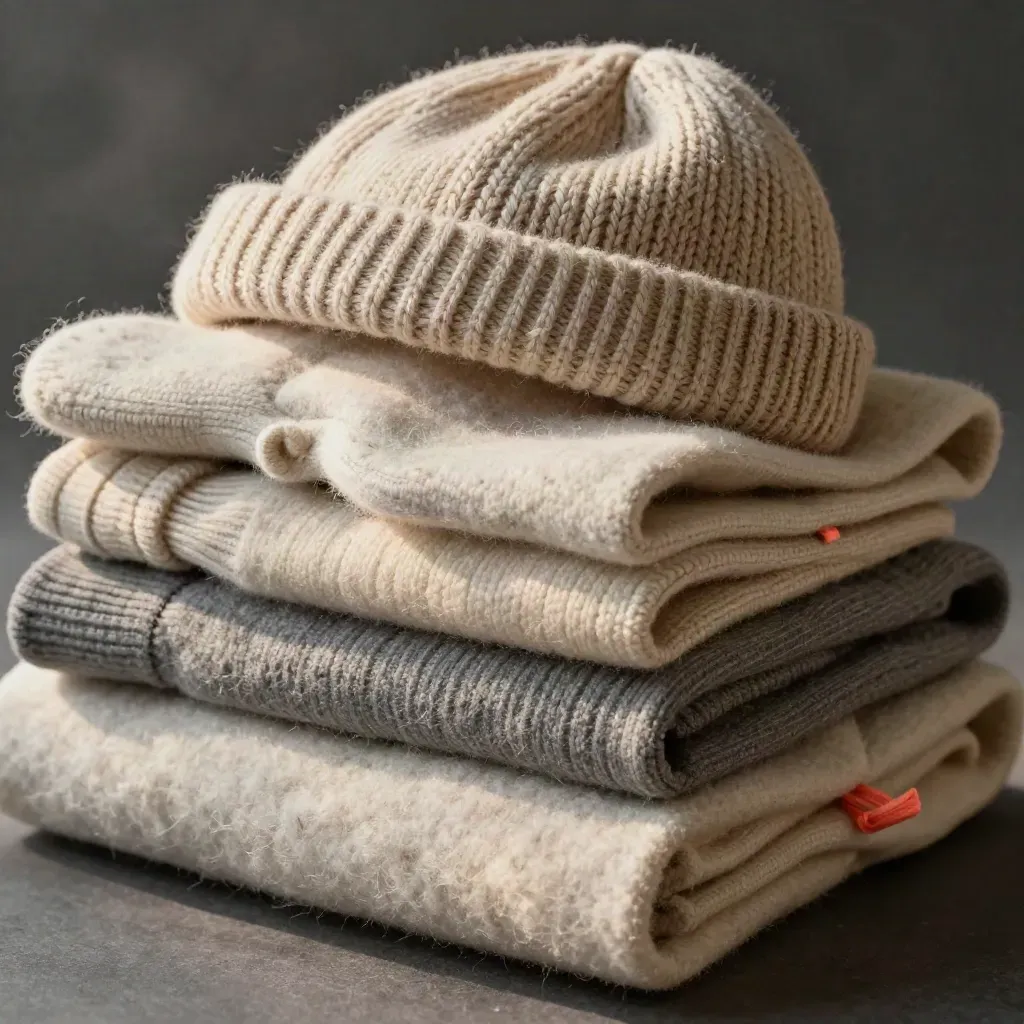 Macro of winter warmth items stacked on cream felt with misty cold light