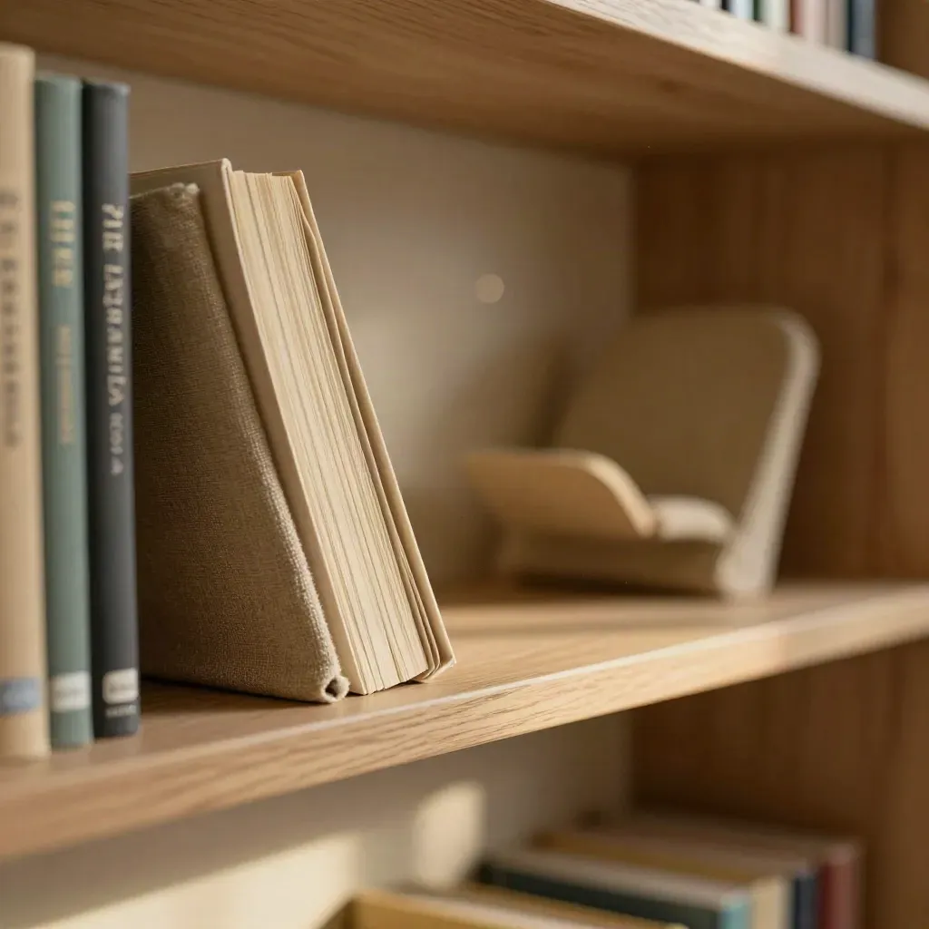 Quiet library alcove with oak shelf, readers, chair silhouette, and warm lamp glow.