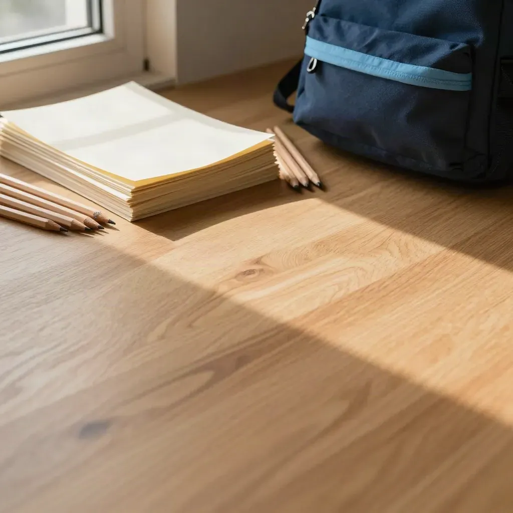 Pale wood classroom supplies in morning light, arranged high in frame with open copy space below.