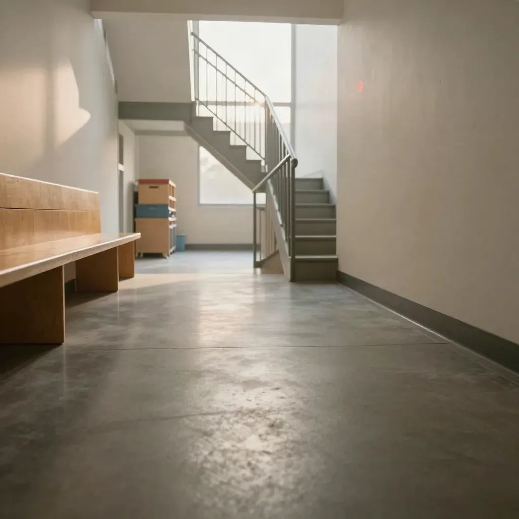 Sunlit school corridor with stair rail and calm concrete floor, viewed low and wide