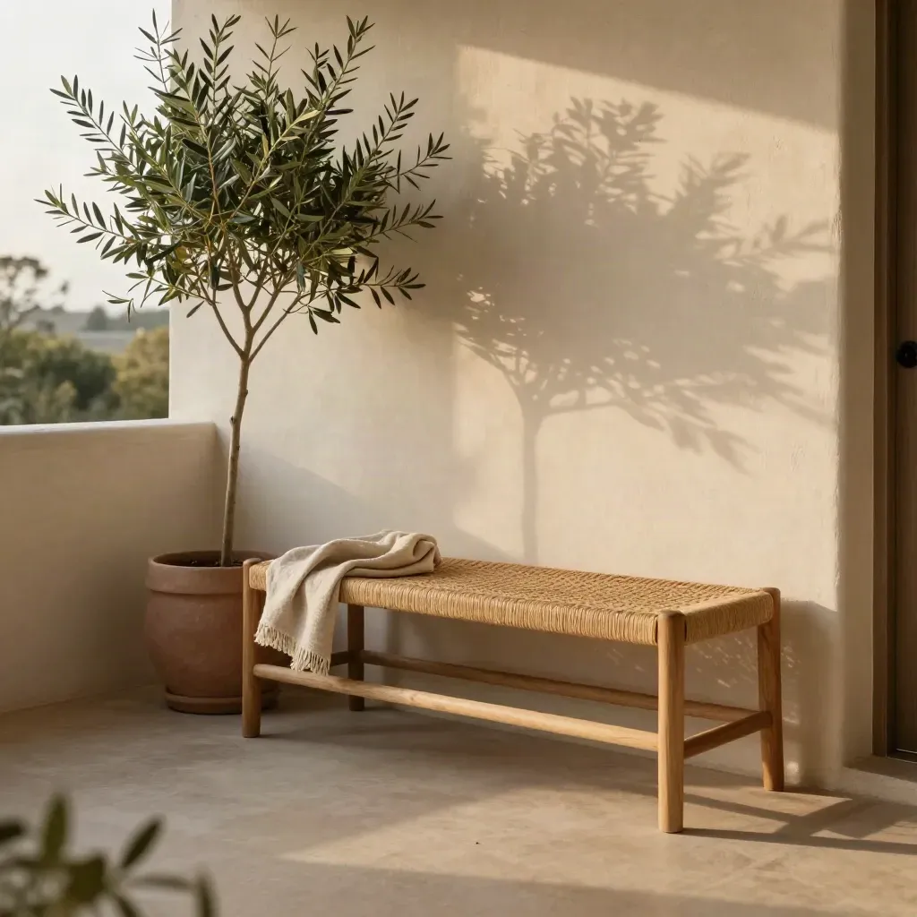 Sunlit porch with woven bench, cream wall, potted plant, and calm open floor.