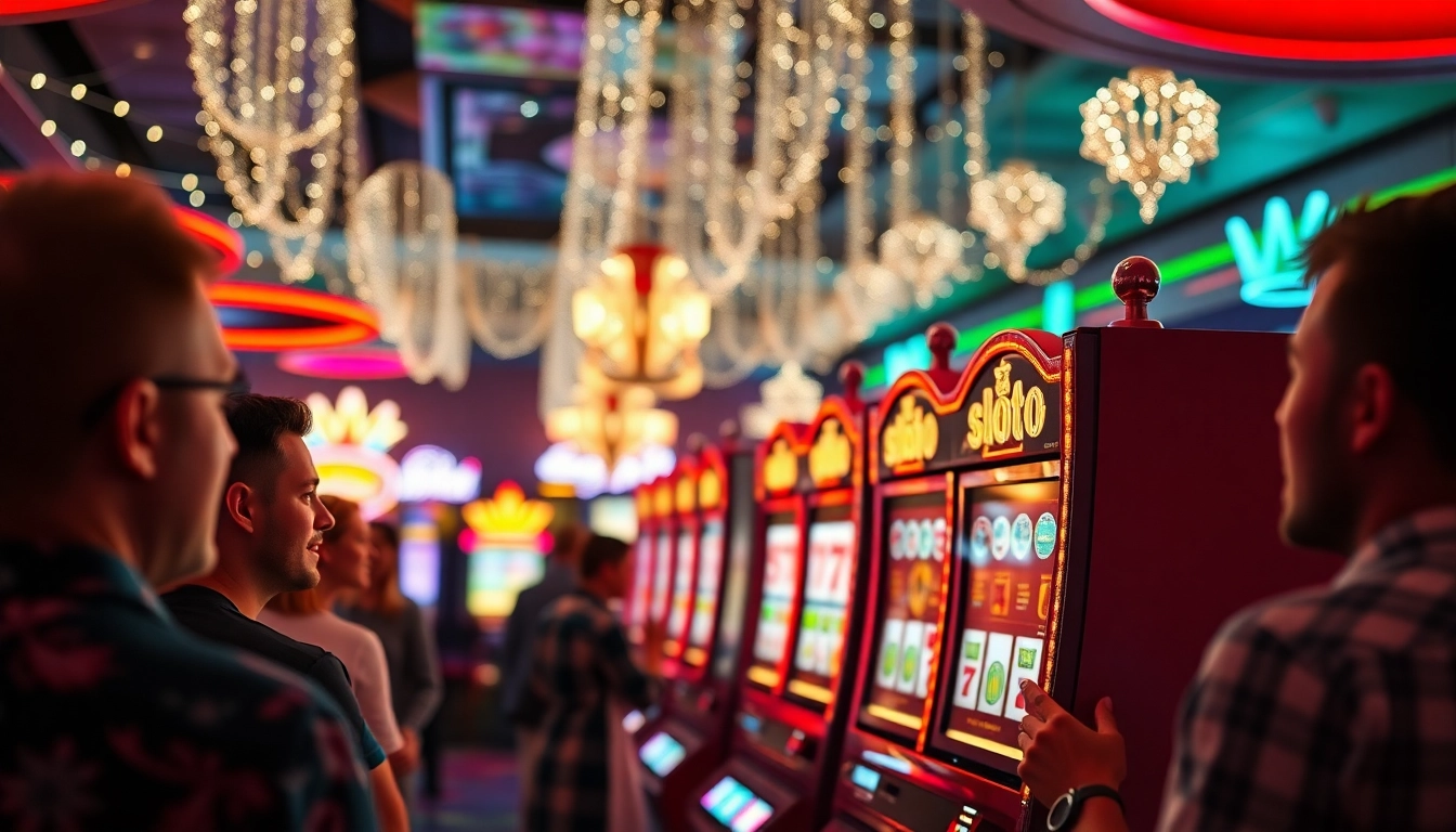 Slot777 mesin permainan di kasino dengan pemain yang antusias.