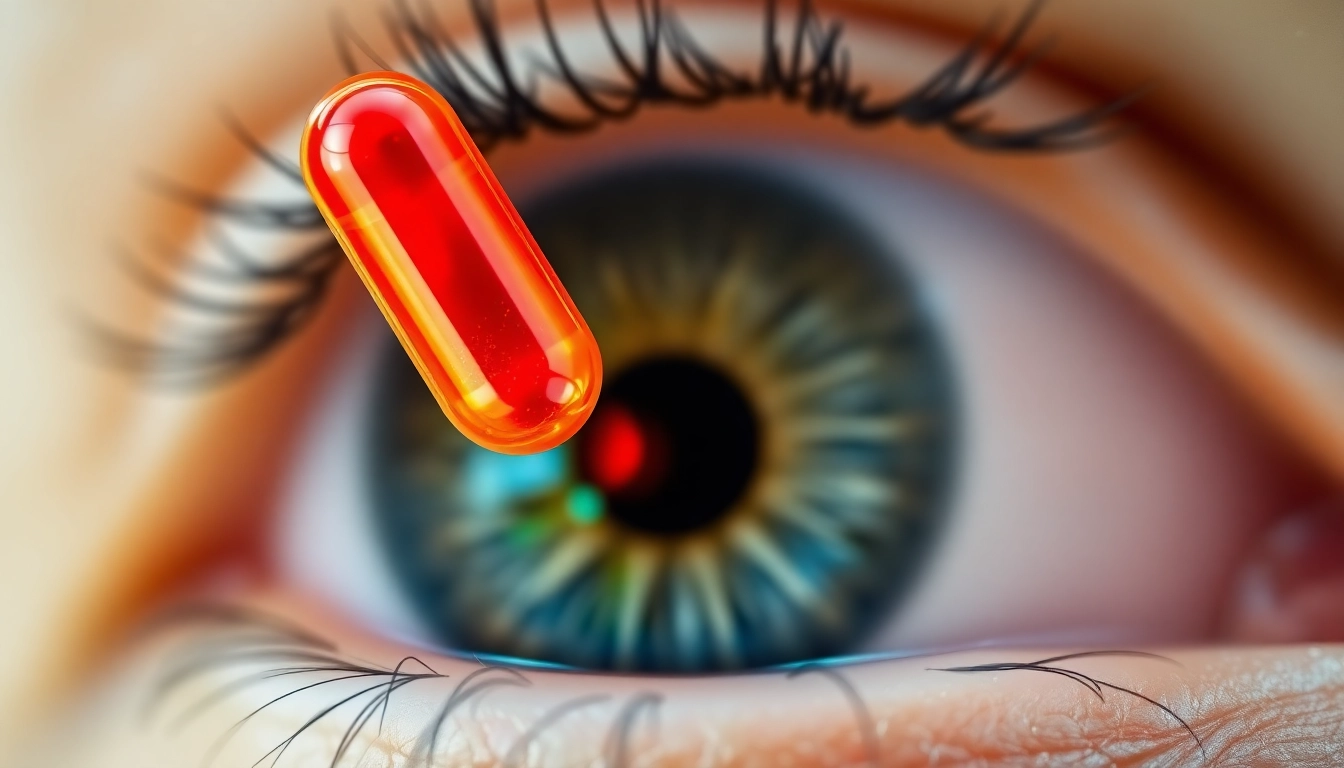 Enhance eye health with astaxanthin supplements featuring a capsule above an eye.