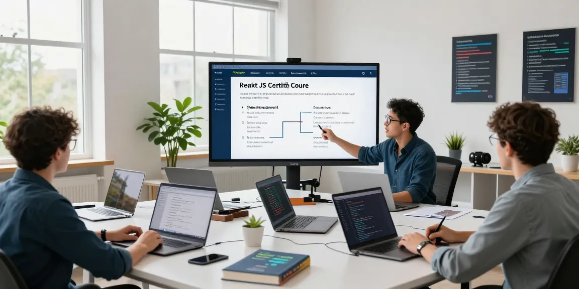 Online classroom with instructor teaching a React JS certification course to engaged students, showcasing modern learning experience.
