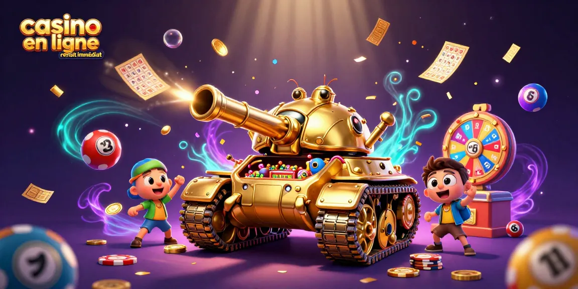 Casino en ligne retrait immédiat illustrant un tank en or révélant un mini-casino, entouré de boules de loto colorées.