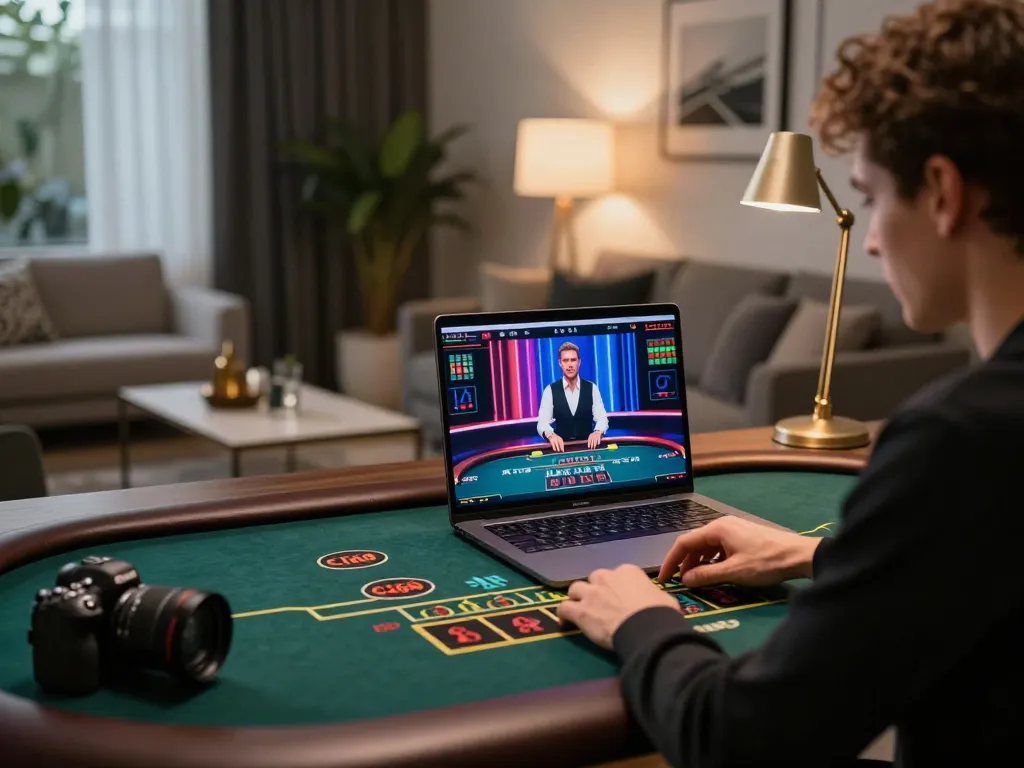 C168 user engaging in live dealer baccarat on a laptop in a modern home office setting