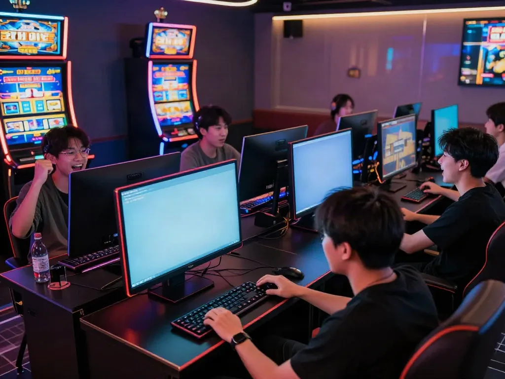 Pengalaman permainan slot777 yang menyenangkan di ruang permainan modern dengan pemain antusias.