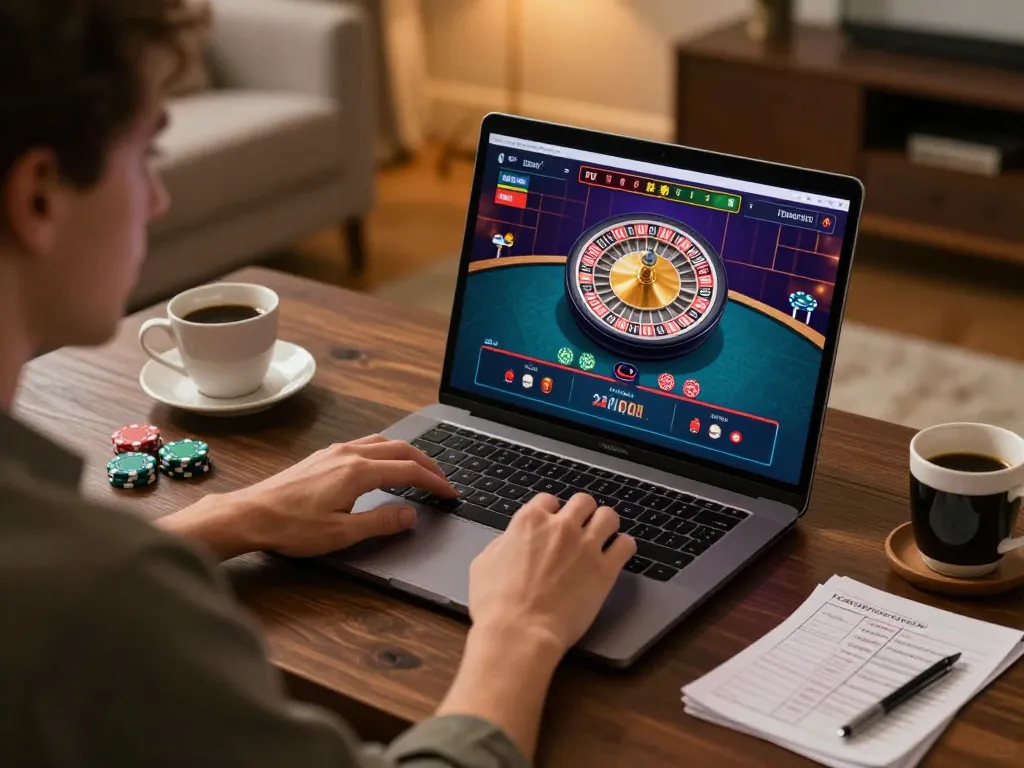Engaged player at 98win enjoying live dealer games on laptop, lively home setup with warm lighting