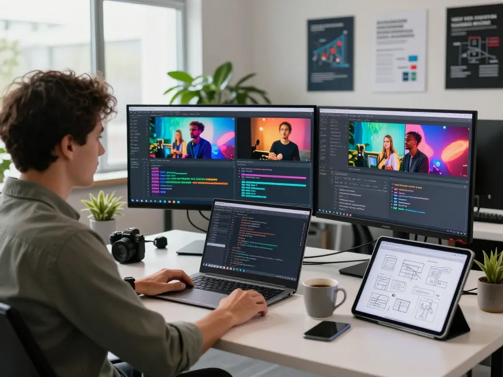 Expert using video to promptgenerator in modern tech workspace with vibrant displays.