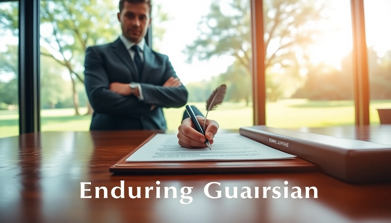 Enduring Guardian confidently signing legal documents in a serene professional setting.