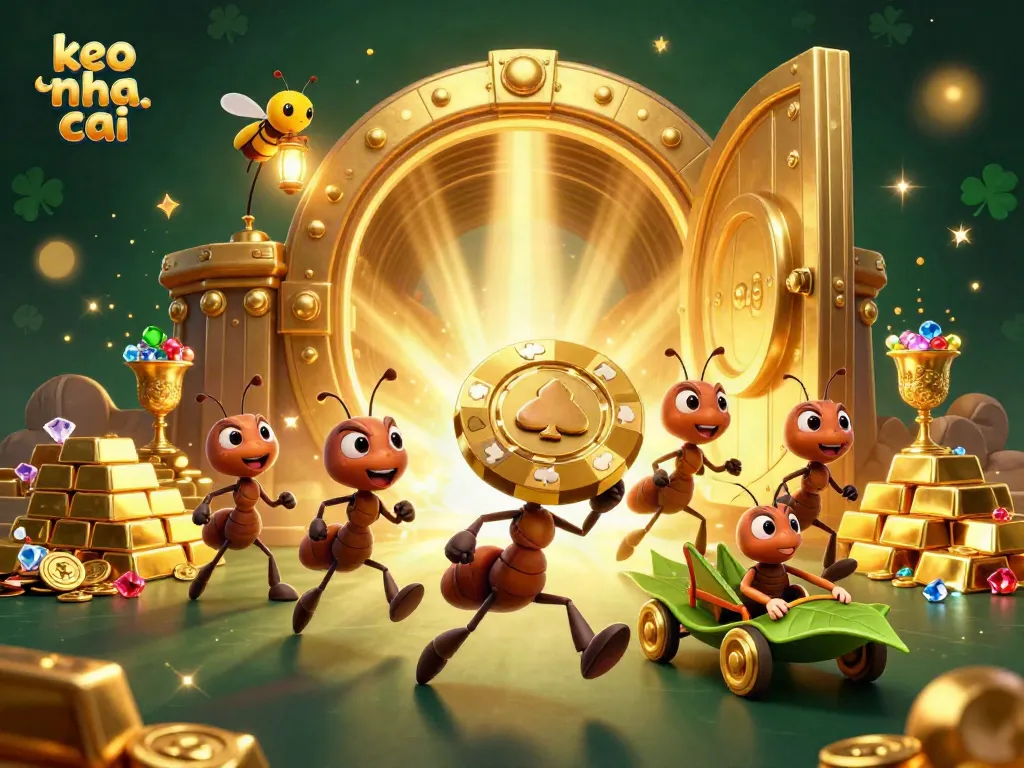 View the lively scene of keo nha cai with ants on a heist for a giant poker chip amidst treasure.