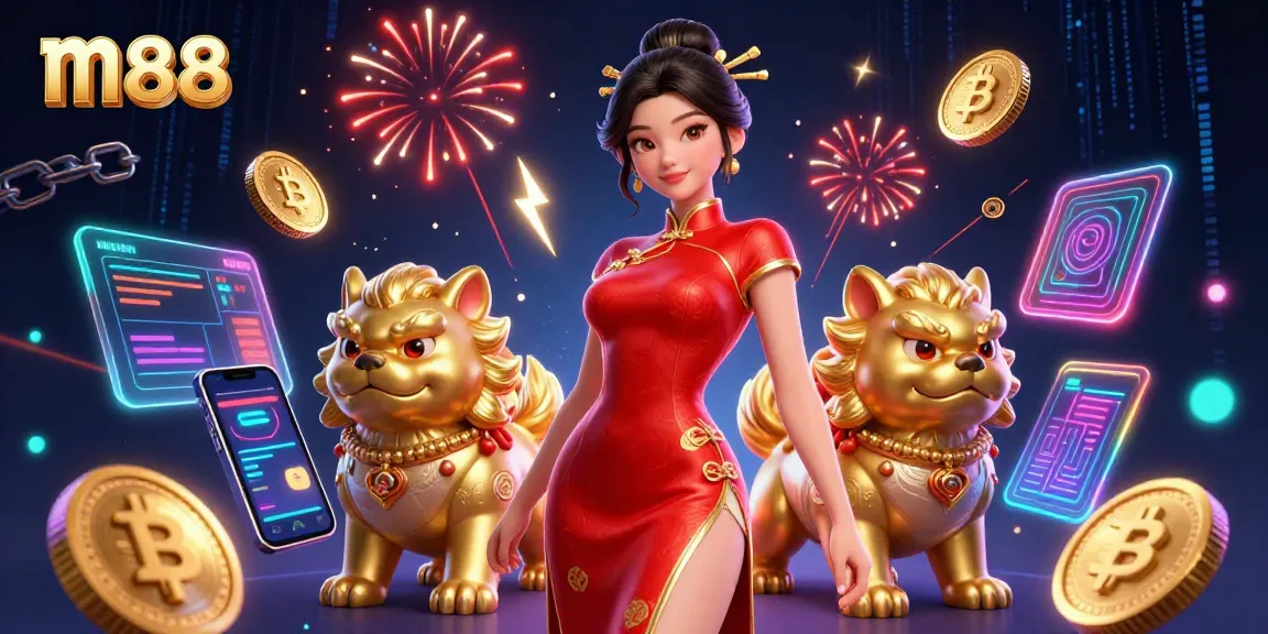 Experience m88 vibrant casino atmosphere with a glamorous Asian woman and crypto elements.