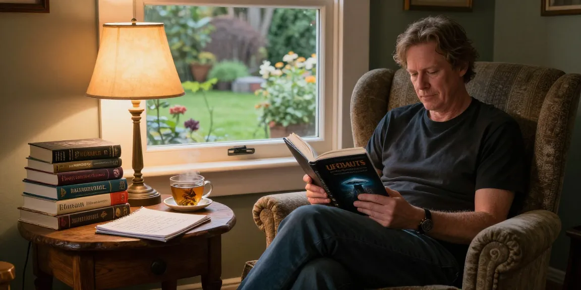 T Allen Greenfield reading UFOnauts in a cozy literary space while exploring spirituality at https://tallengreenfield.com.