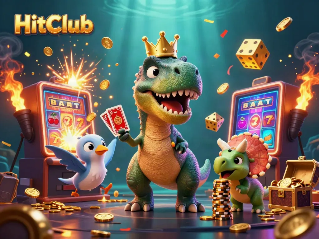 HitClub's vibrant T-Rex showcasing its shuffling skills amid a jackpot explosion in a lively casino scene.
