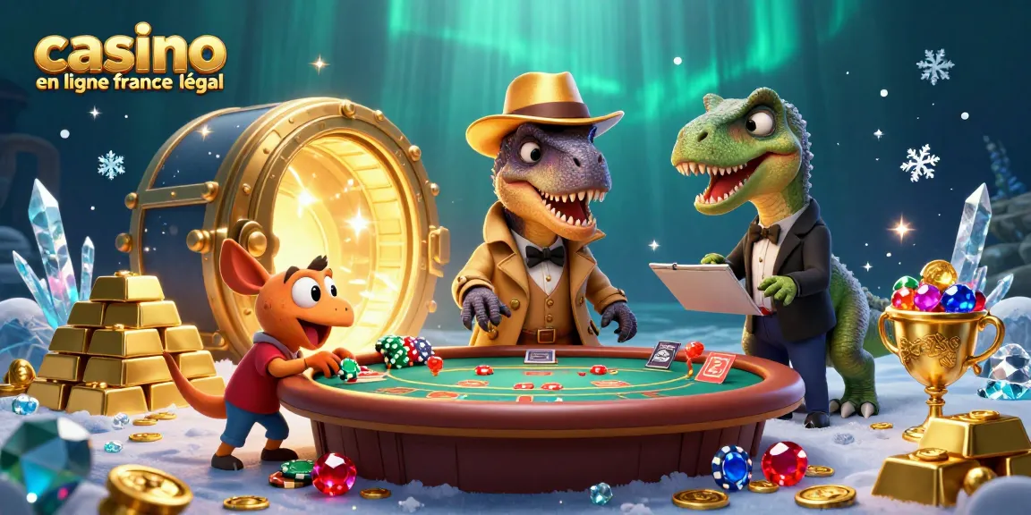 Visualisez un velociraptor au casino en ligne France légal, tentant de rester discret pendant qu'un pit boss stegosaurus surveille la scène.