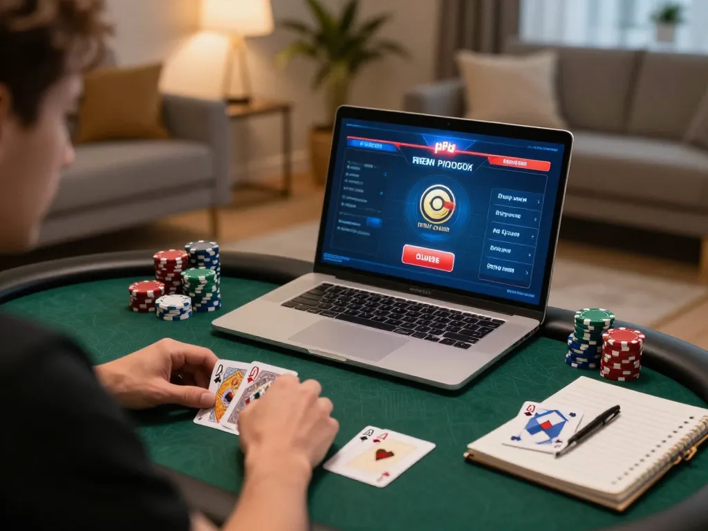 Player calculating odds on lc88 poker game at home, showcasing strategic gameplay.