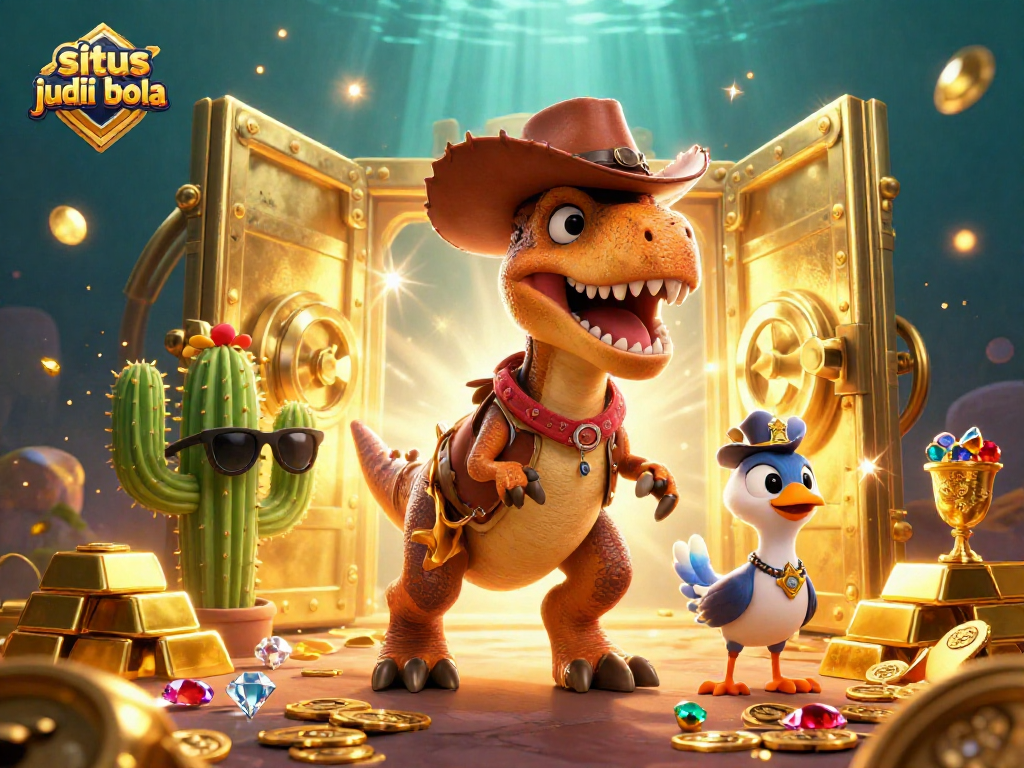 Bet on situs judi bola with a fun 3D cowboy dinosaur and friends in a treasure-filled scene.