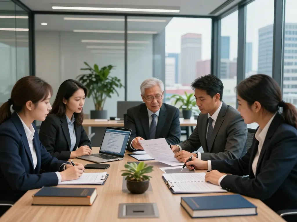 USA lawyers discussing a case in a modern legal office with city view.