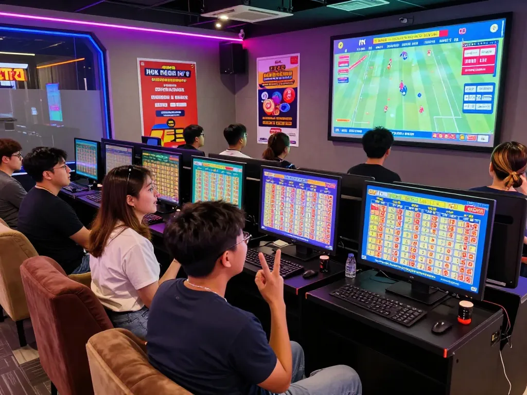Excited players checking HK Hari Ini results in a vibrant gaming lounge setting.
