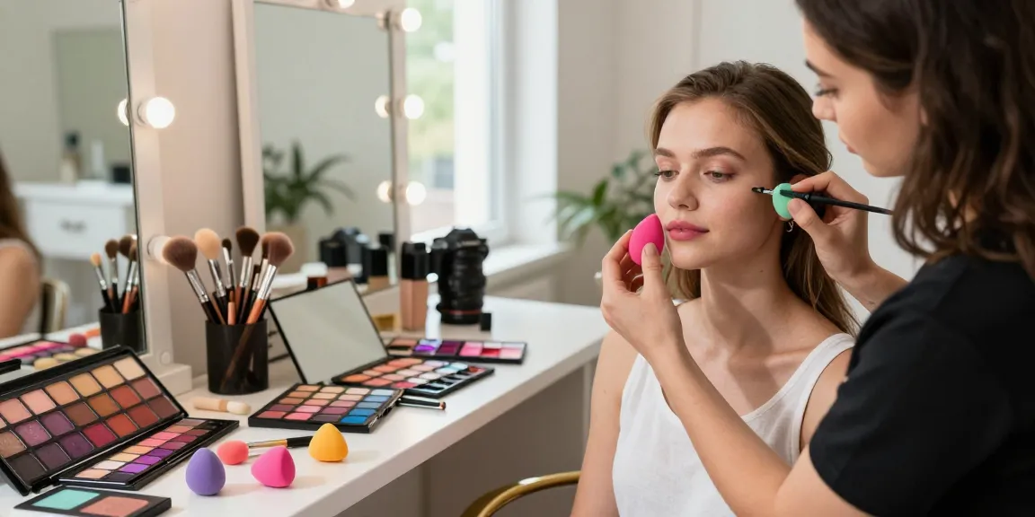 Applying silicone sponge makeup in a bright studio with natural light, showcasing beauty artistry.
