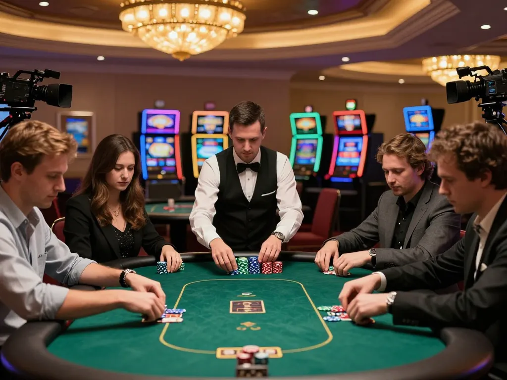 A thrilling poker game at a casino with players engaged in strategic play, thabet offers a rich experience.