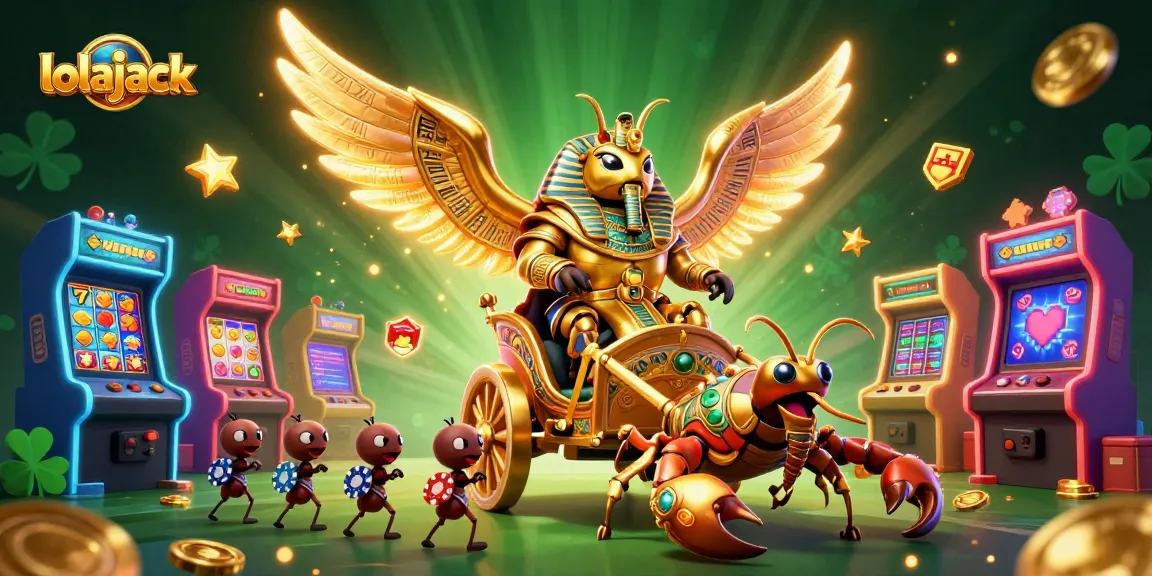 Experience thrilling wins at lolajack casino with a dynamic scene featuring golden scarab and vibrant slot reels.