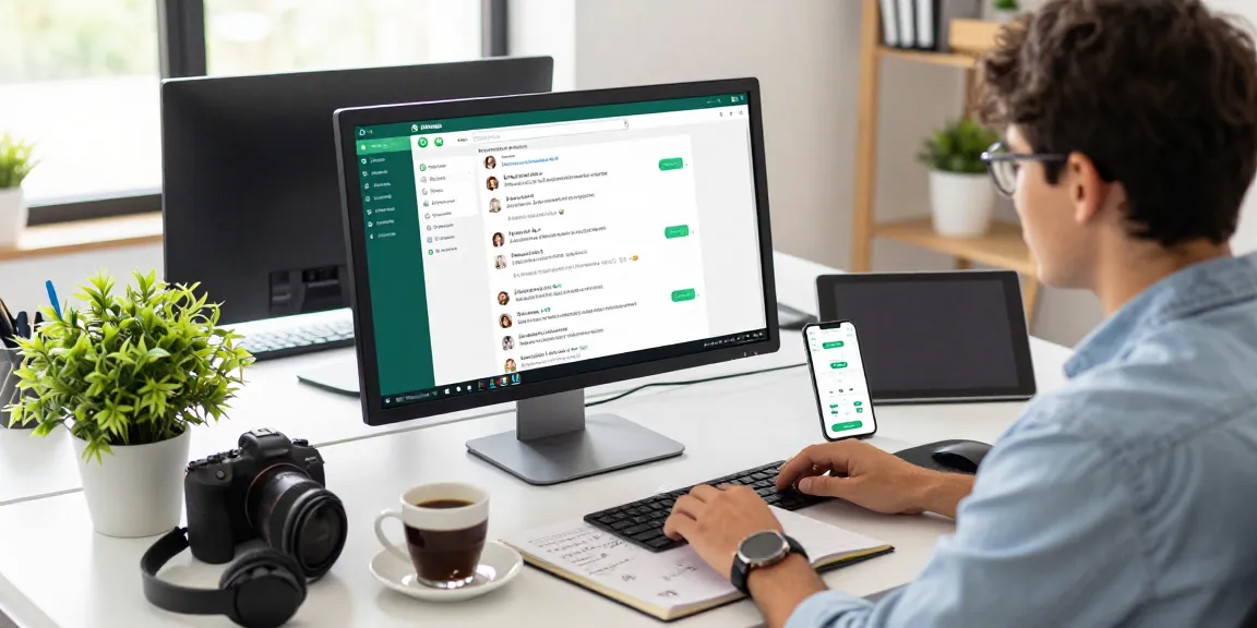 Using WhatsApp網頁版 on a computer in a bright office workspace with tech gadgets.