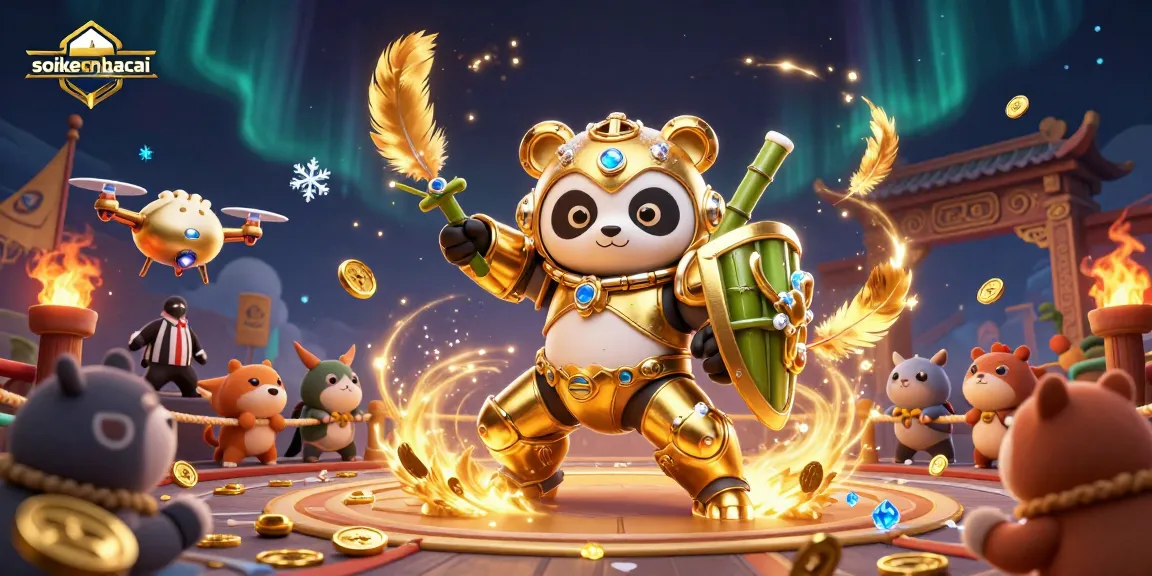 Experience thrilling soikeonhacai betting action with a golden panda vs bamboo robot showdown in a rich arena.