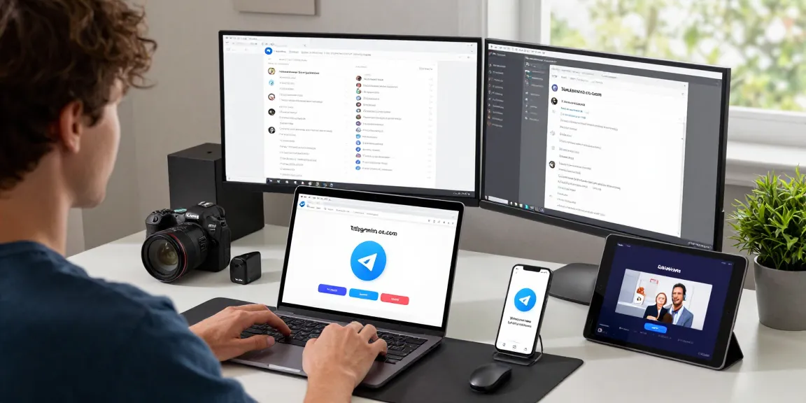 Engaged user setting up telegramin-cn.com across devices in a modern workspace.