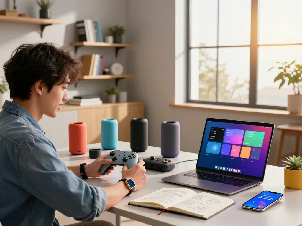The latest tech gadgets 2055 displayed in a vibrant modern workspace, highlighting Bluetooth devices and tech accessories.