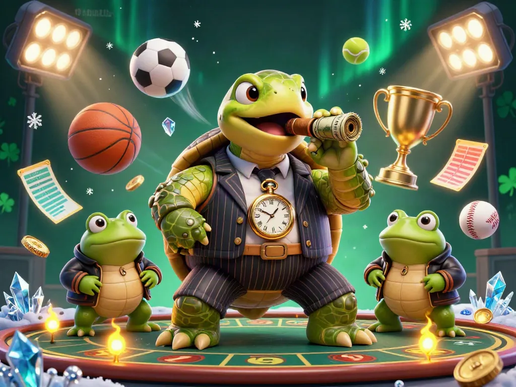 Engage with mpo1221's casino excitement through a vivid gambling scene featuring a mobster turtle and bullfrog enforcers.