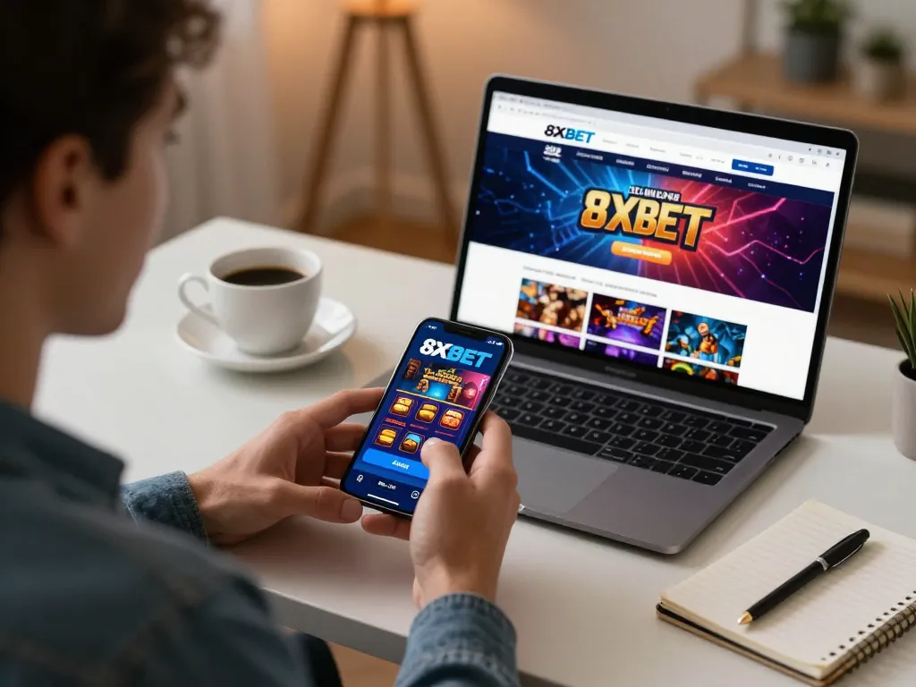 Engaged user enjoying the 8XBET app while seated at a stylish desk, illustrating online gambling excitement.