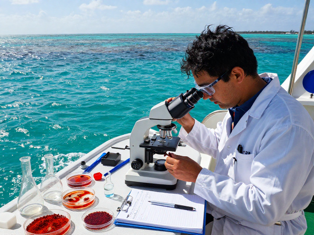 Marine biologist studying microalgae astaxanthin aboard a research vessel, showcasing sustainable marine science.