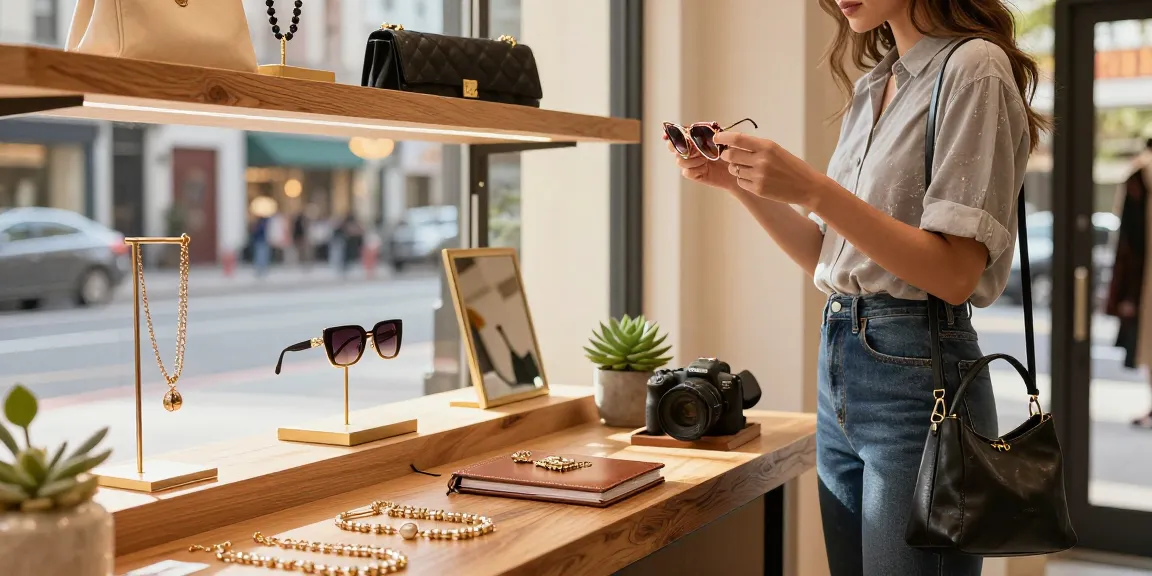 Browsing stylish 레플리카 accessories in an urban boutique, showcasing quality and fashion.
