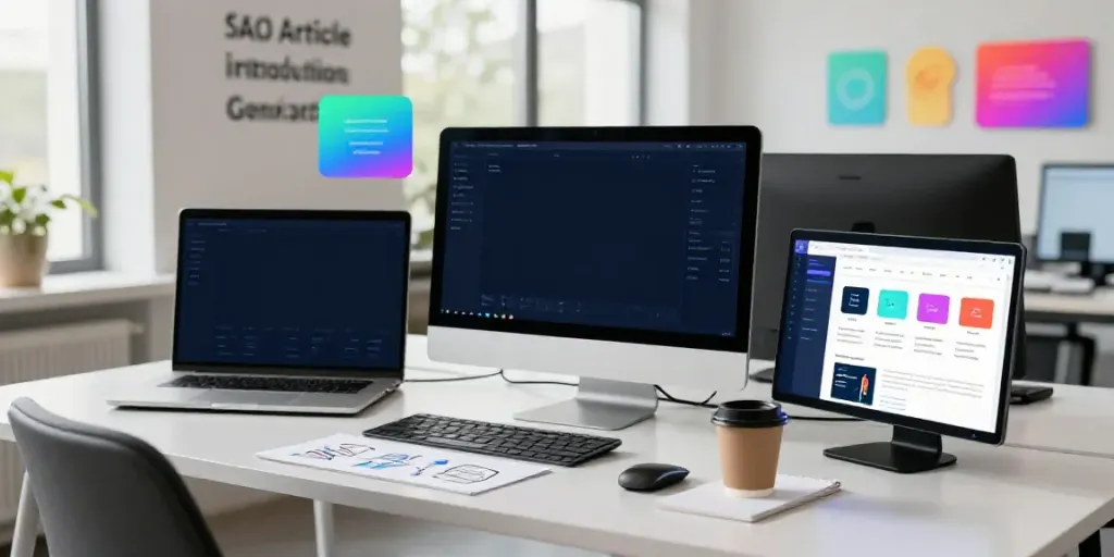 Modern office scene showcasing AI SEO article introductions generator tools in use by a digital marketer.