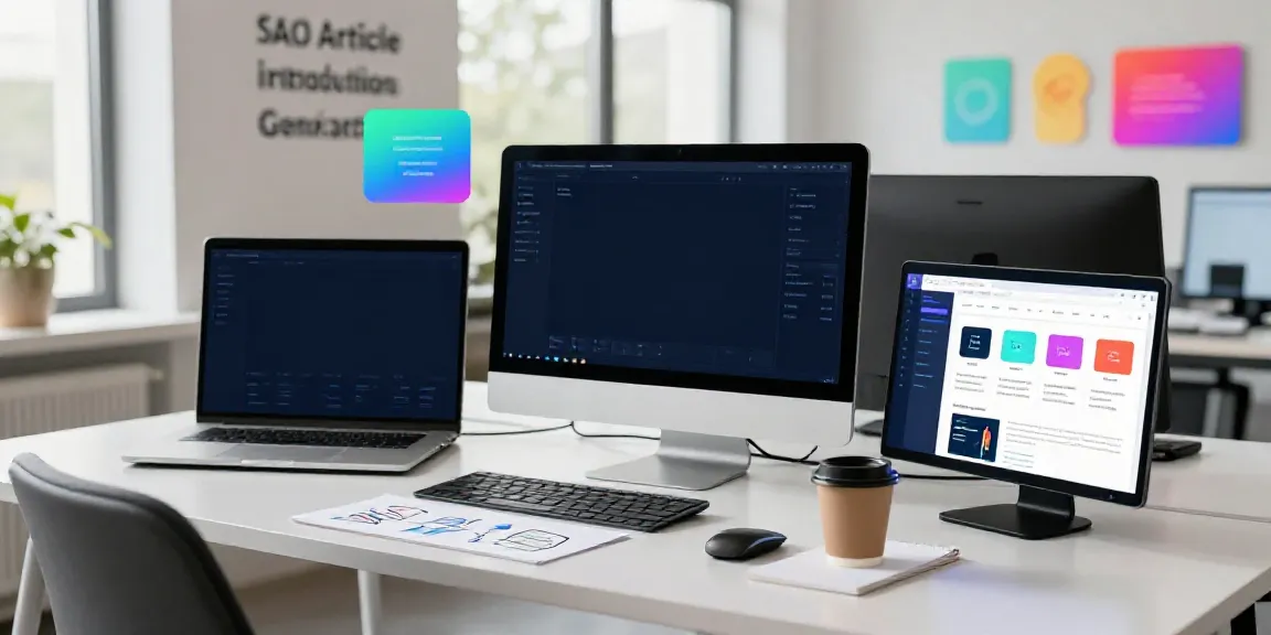 Modern office scene showcasing AI SEO article introductions generator tools in use by a digital marketer.