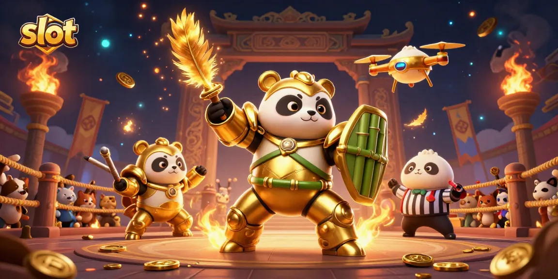 Menangkan slot dengan robot tempur panda emas yang melawan di arena kasino online.
