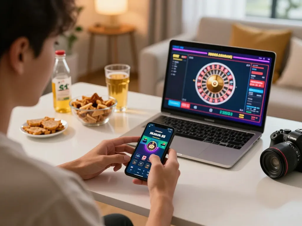 Engaging moment of playing rokok 88 on smartphone, showcasing responsible gaming setup