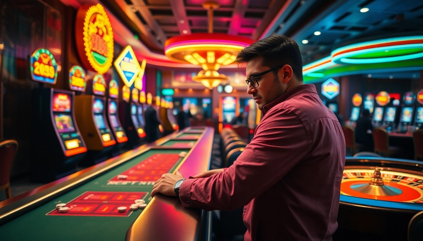 Vegas hero engaging with casino games amidst vibrant slot machines and lively atmosphere.
