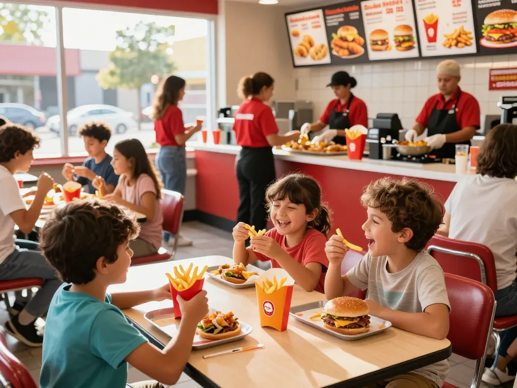 Fast food menu at a lively restaurant with customers enjoying burgers and fries.