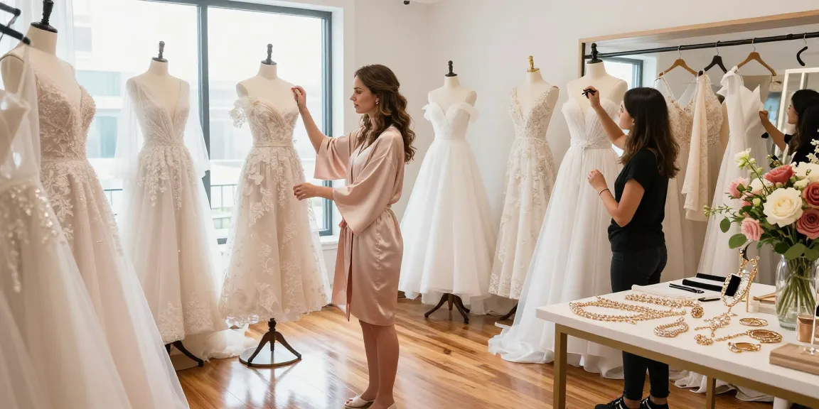 Consulenza di bridal styling durante una sessione di consulenza per trovare l'abito perfetto.