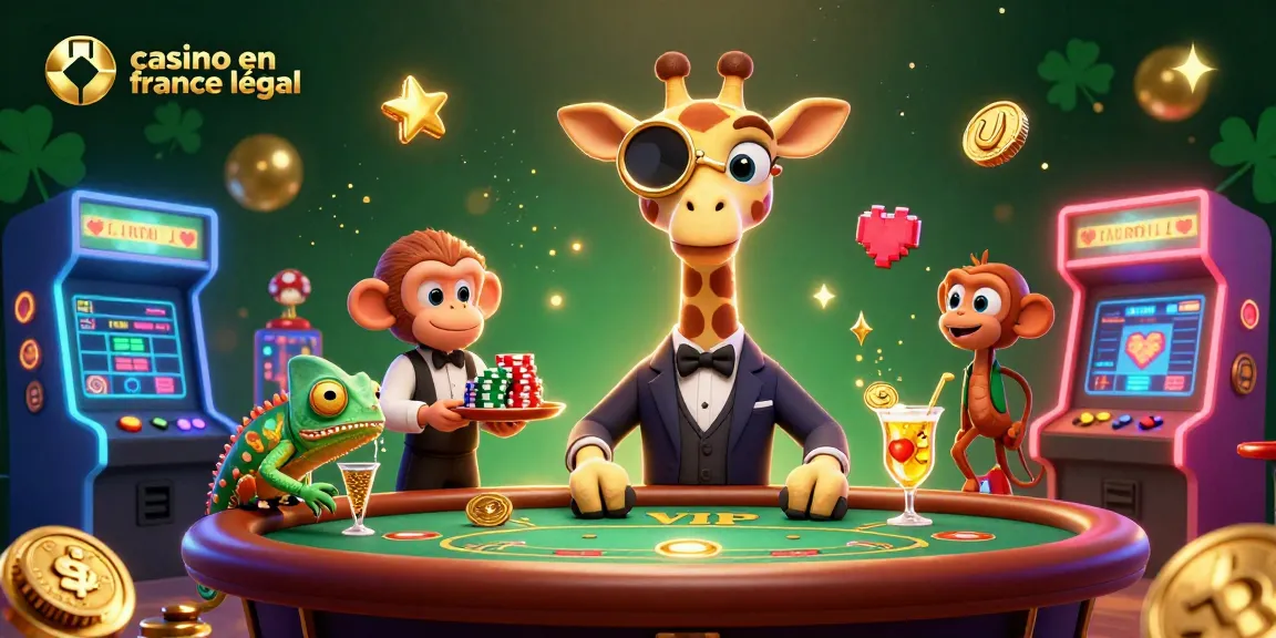 Vivez l'excitation du casino en ligne France légal avec une girafe high roller à une table VIP entourée d'éléments de jeu vibrants.